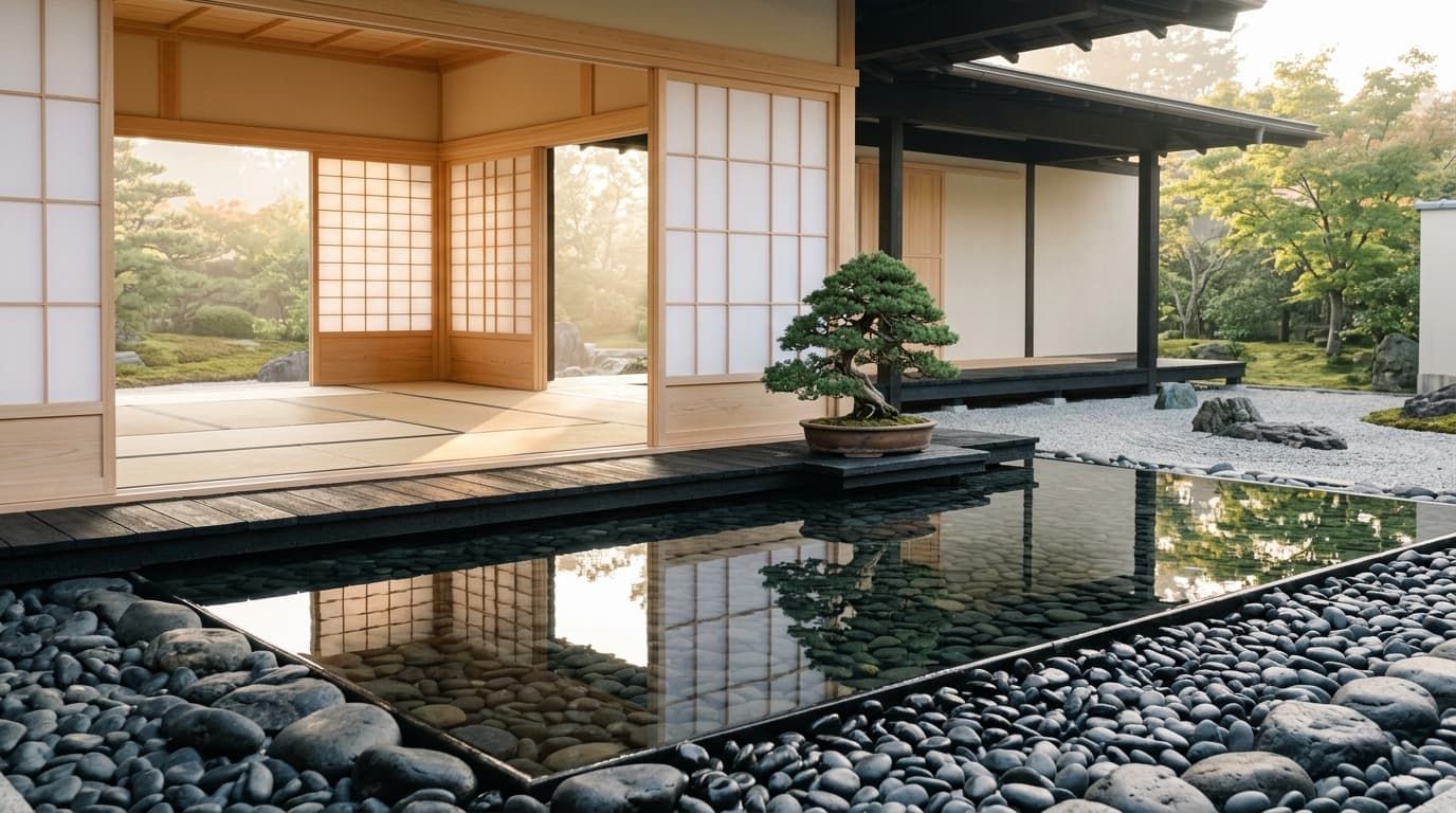 Minimalist Japanese stone and water reflection sanctuary at morning light