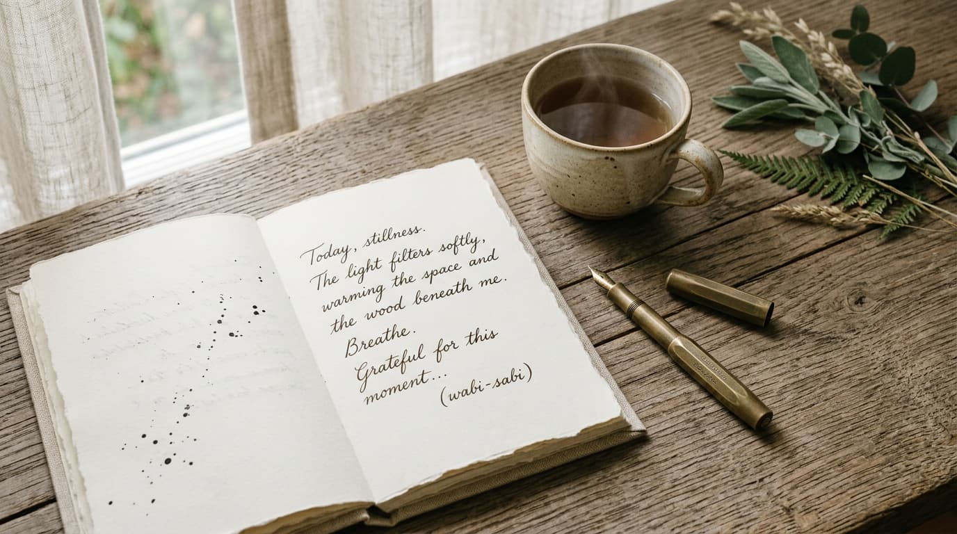 Open linen journal with handwritten reflections and ceramic tea on oak table