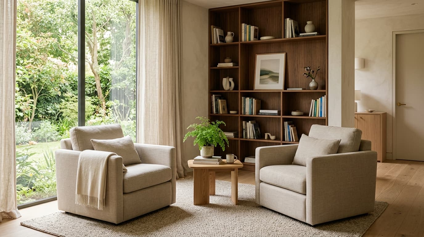 Dignified clinical consultation room overlooking peaceful garden greenery
